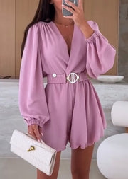 V-neck Pleated Ruffled Long Sleeve Dress