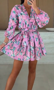 Printed V-neck Elastic Waist Long Sleeve Belt Dress