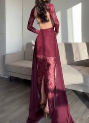 Lace Backless Long Sleeves Lace-up Elegant Evening Dress