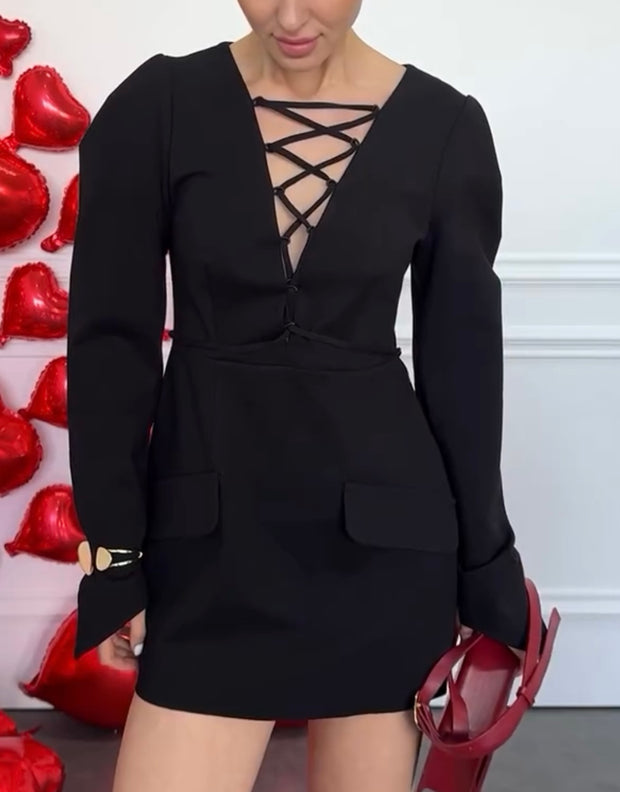 Hollow out Strap V-neck Long Sleeve Suit Skirt