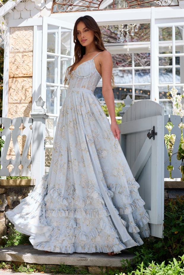 The Carmen Dress in Victorian Blue Roses