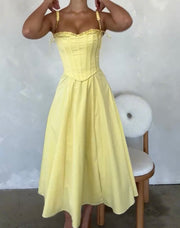 Yellow Three-Dimensional Keel Lace-up Top Graceful Tube Top Sexy Slit Dress