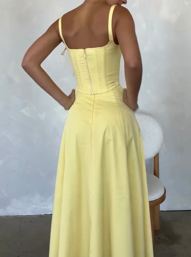 Yellow Three-Dimensional Keel Lace-up Top Graceful Tube Top Sexy Slit Dress