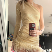 Sexy slant shoulder  with half sleeve dress