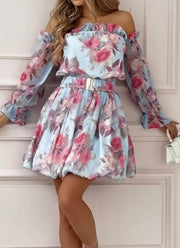 Fashion Sexy off-Neck Ruffled Long Sleeve Printed Dress