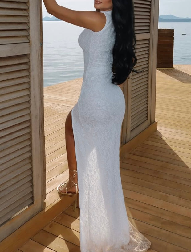 Sexy Fashion Lace Hollow out High Slit Slim Sleeveless Dress
