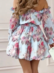 Fashion Sexy off-Neck Ruffled Long Sleeve Printed Dress