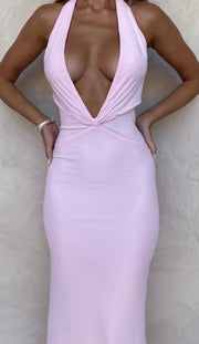 Fashion Solid Color Deep V-neck Backless Halter Dress