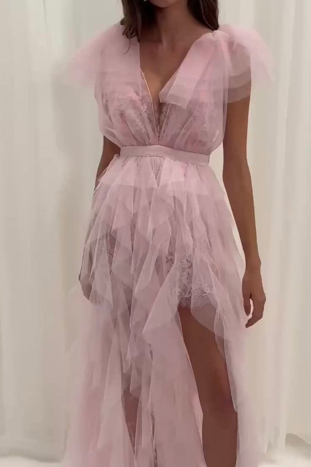 Sexy V-neck Lace-up Irregular Mesh Evening Dress