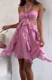 Sexy Lace-up Halter Wrapped Chest Ruffled Dress