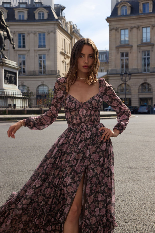 The Carmella Dress in Chocolate Peony Print