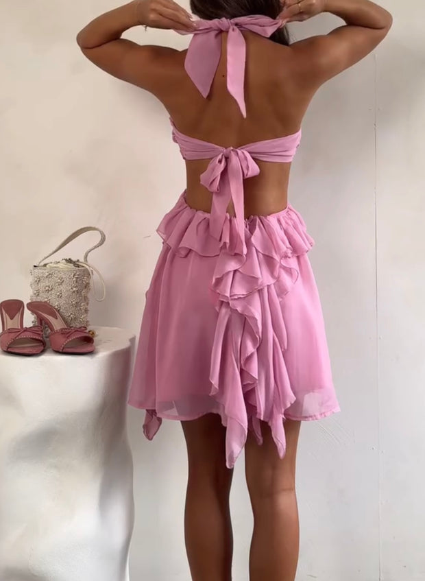 Sexy Lace-up Halter Wrapped Chest Ruffled Dress