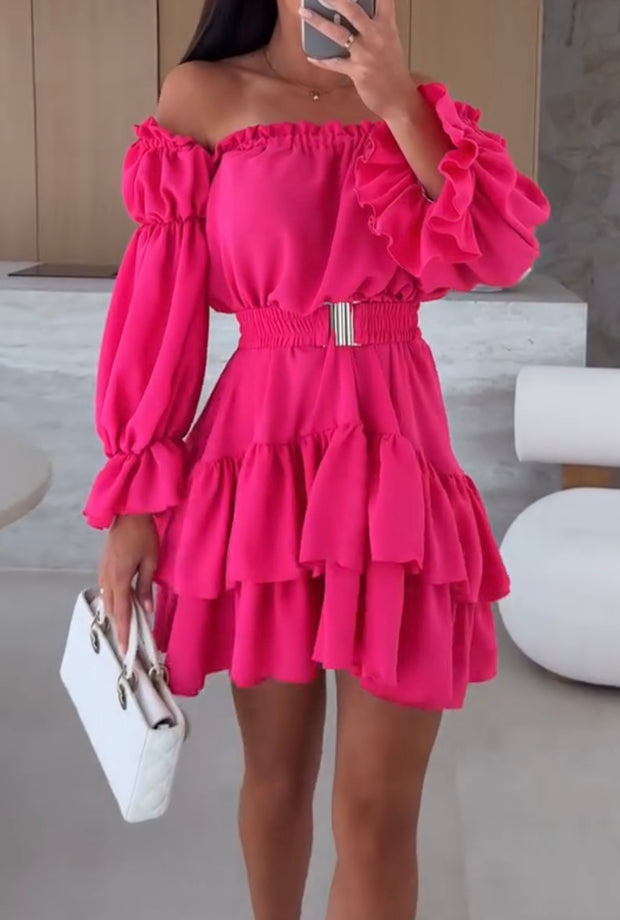 Sexy off-Neck Ruffled Long Sleeve Dress