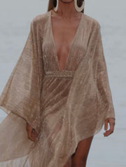 Sexy Deep Shiny Mesh Long Sleeve Beach Dress