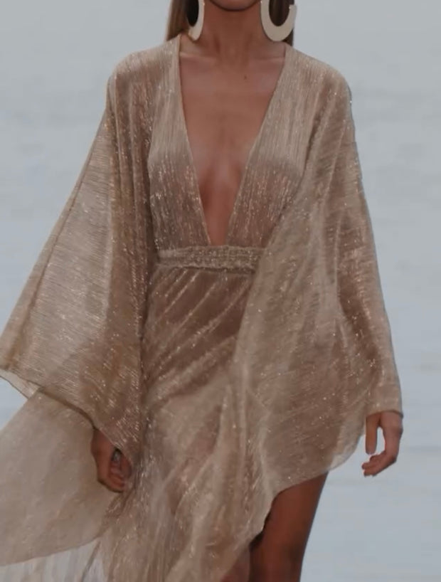 Sexy Deep Shiny Mesh Long Sleeve Beach Dress