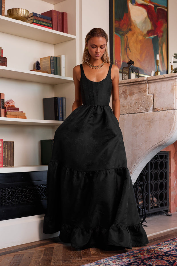 The Avery Dress in Black Windsor Brocade