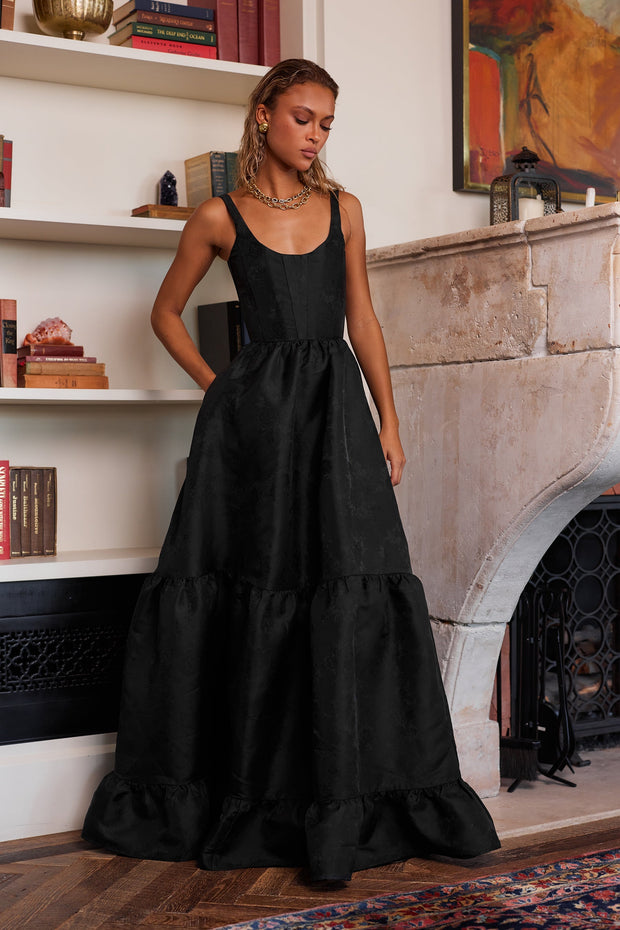 The Avery Dress in Black Windsor Brocade