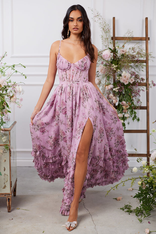 The Carmen Dress in Lilac Tapestry Rose