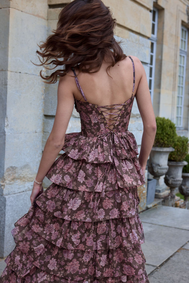 The Josephine Dress in Chocolate Peony Print