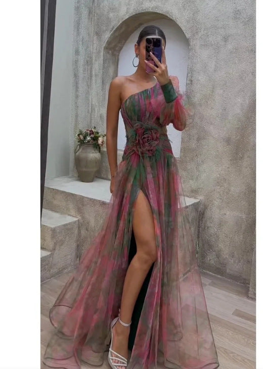 Sexy Oblique Shoulder One-Shoulder Long Sleeve Floral Yarn Dress Long Skirt High-End Large Swing Floral