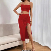 Fashion Sexy Hot Girl Exposed Navel Tee Dress Slim Fit Sleeveless Split Mid-Length Dress Set Women