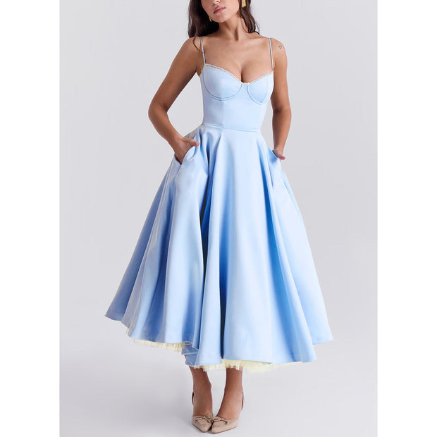 V-neck Brace Sleeveless Dress Pettiskirt Maxi Skirt