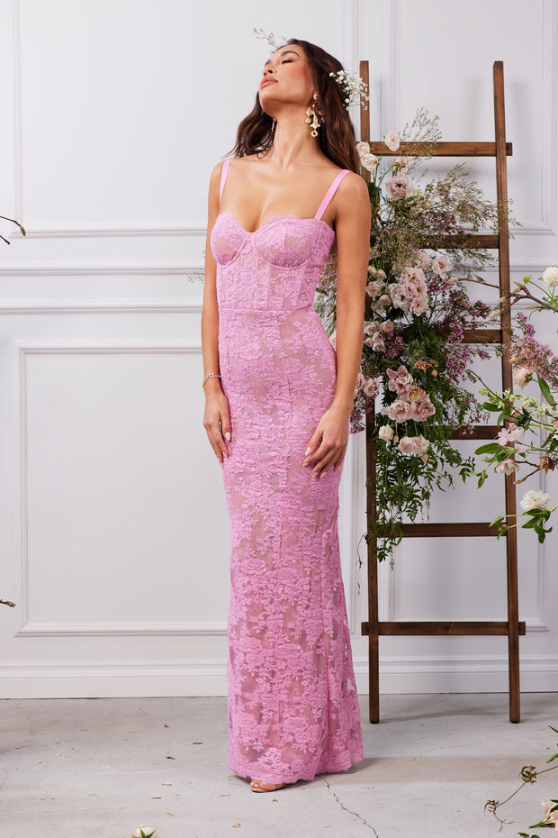 The Ruby Dress in Begonia Pink Lace