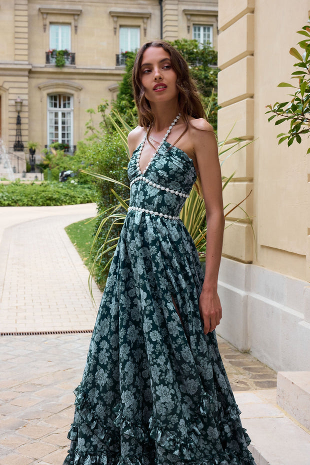 The Scarlette Dress in Emerald Peony Print