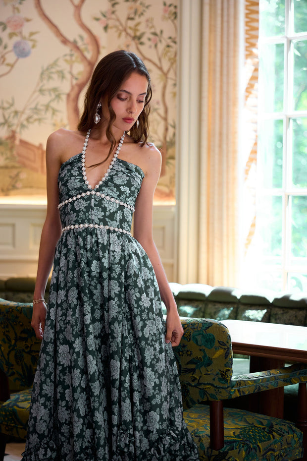 The Scarlette Dress in Emerald Peony Print