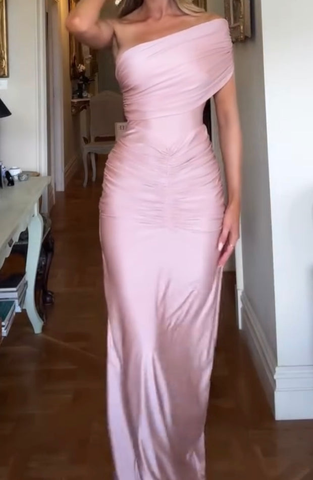 Sexy Oblique Shoulder Waist Solid Color Dress