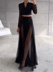 Casual Elegant Long Sleeve Mesh Patchwork Long Dress Suit