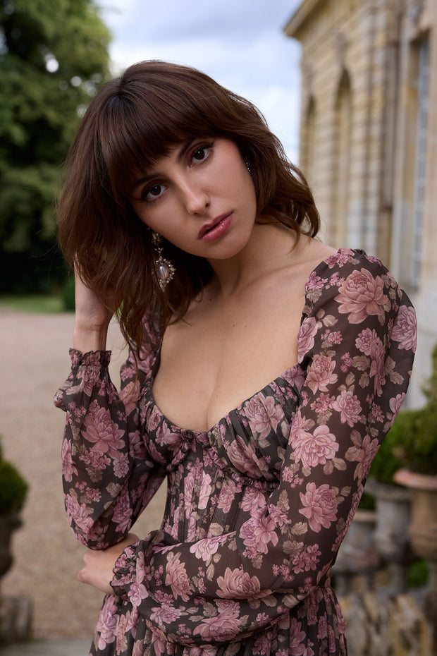 The Carmella Dress in Chocolate Peony Print