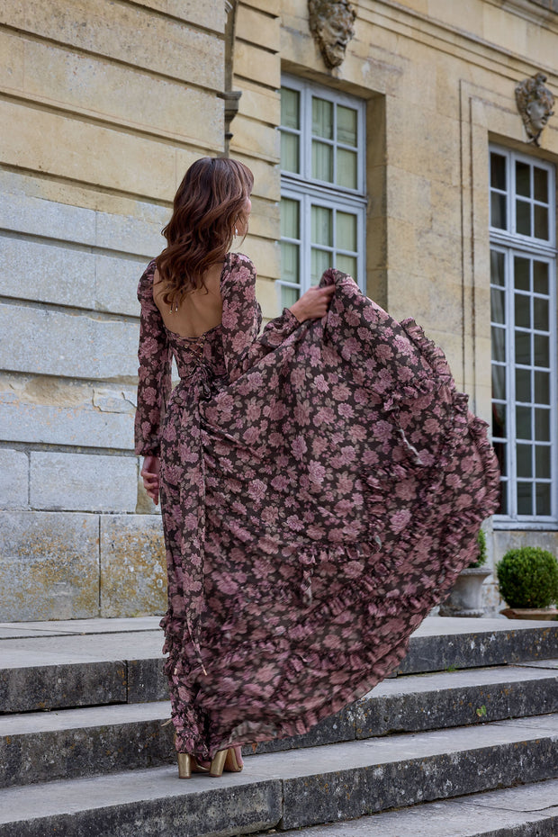 The Carmella Dress in Chocolate Peony Print