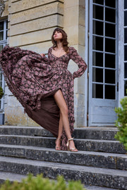 The Carmella Dress in Chocolate Peony Print