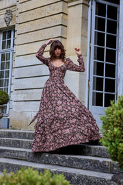 The Carmella Dress in Chocolate Peony Print