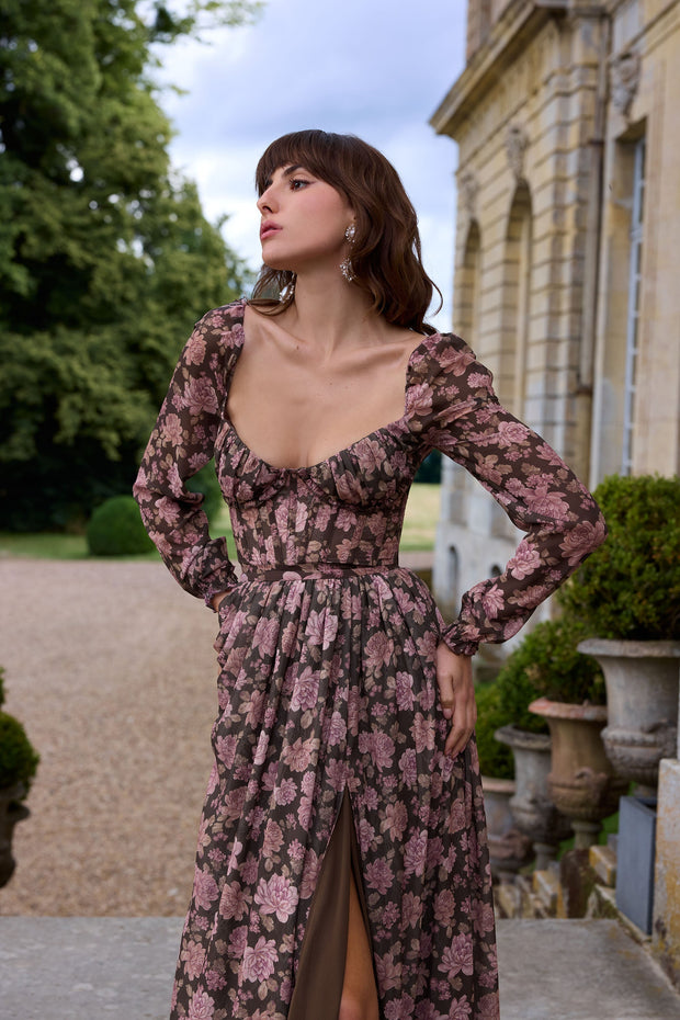 The Carmella Dress in Chocolate Peony Print