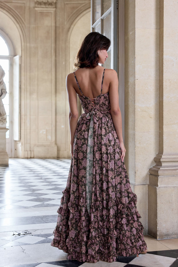 The Carmen Dress in Chocolate Peony Print