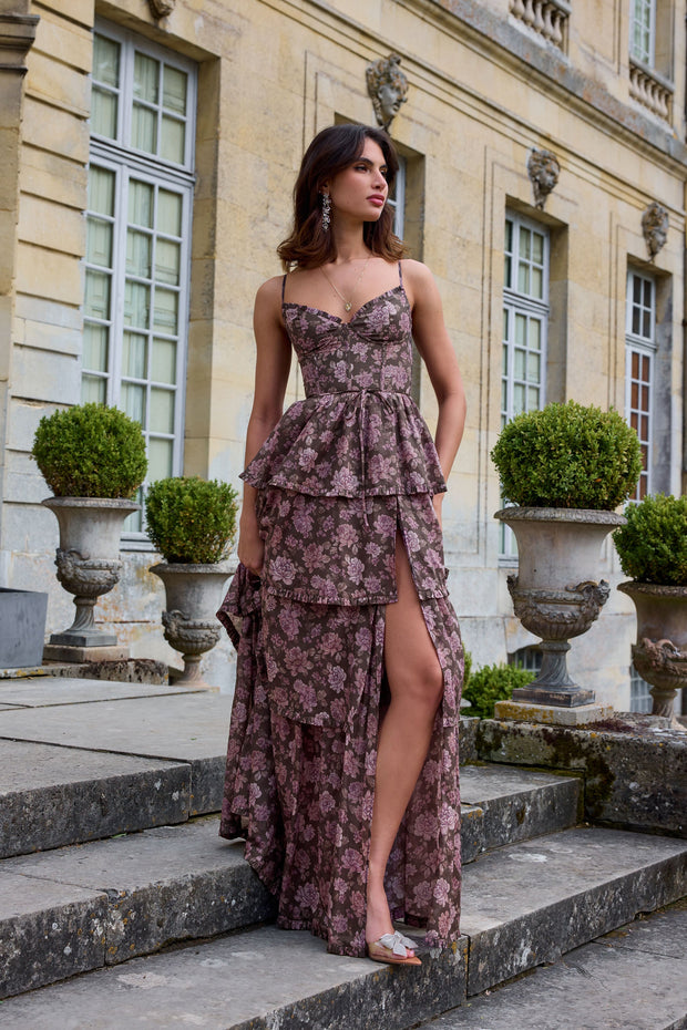 The Caterina Dress in Chocolate Peony Print