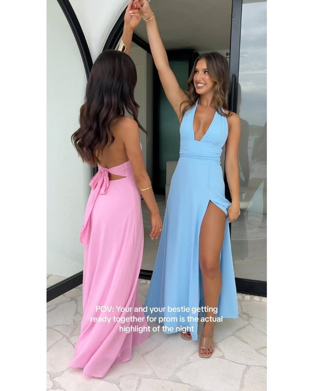 solid color sexy deep V backless  dress