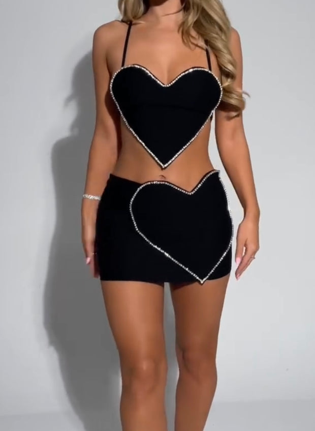 Sexy Heart Shape with Diamond Bandeau Sling Short Two-Piece Set