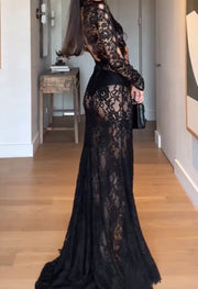 Sexy Fashion Lace Hollow out High Slit Slim Long Sleeve Dress