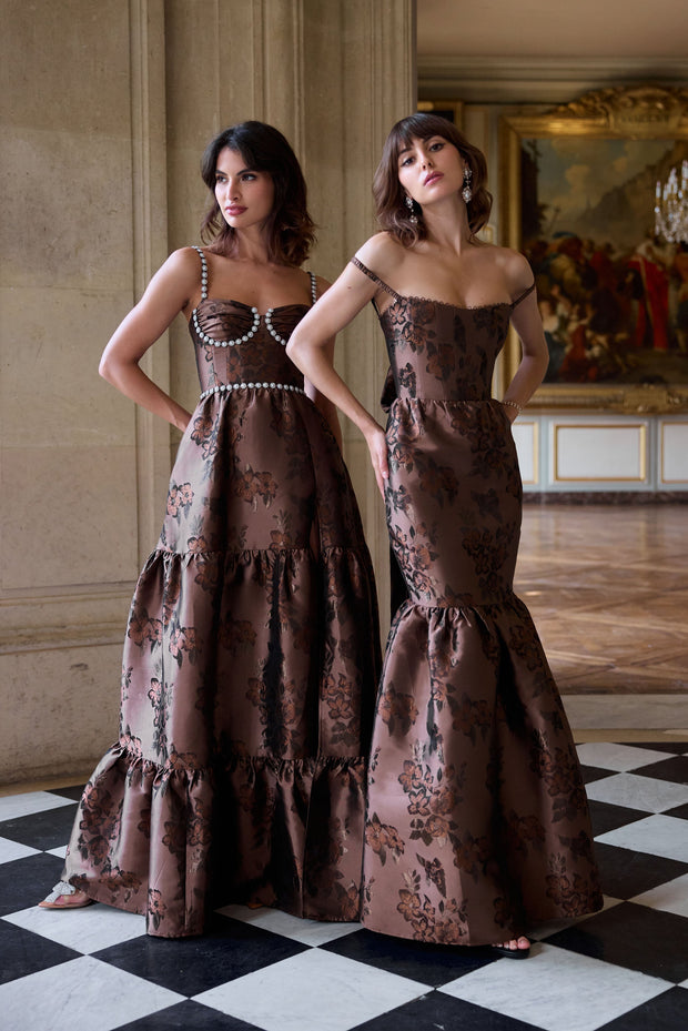 The Lucetta Dress in Cocoa Baroque Floral