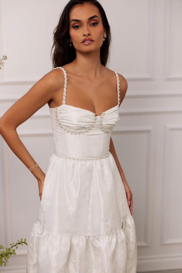 The Lorenza Dress in White Windsor Brocade