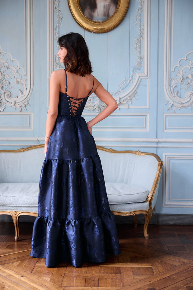 The Lucetta Dress in Navy Baroque Floral