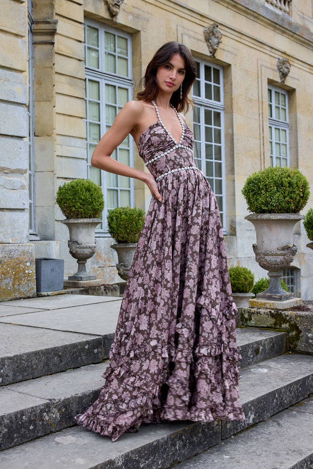 The Scarlette Dress in Chocolate Peony Print